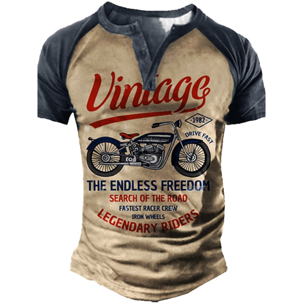 Vintage Collectible Buttons - Motorcycle 3D Print Vintage Henley Shirts